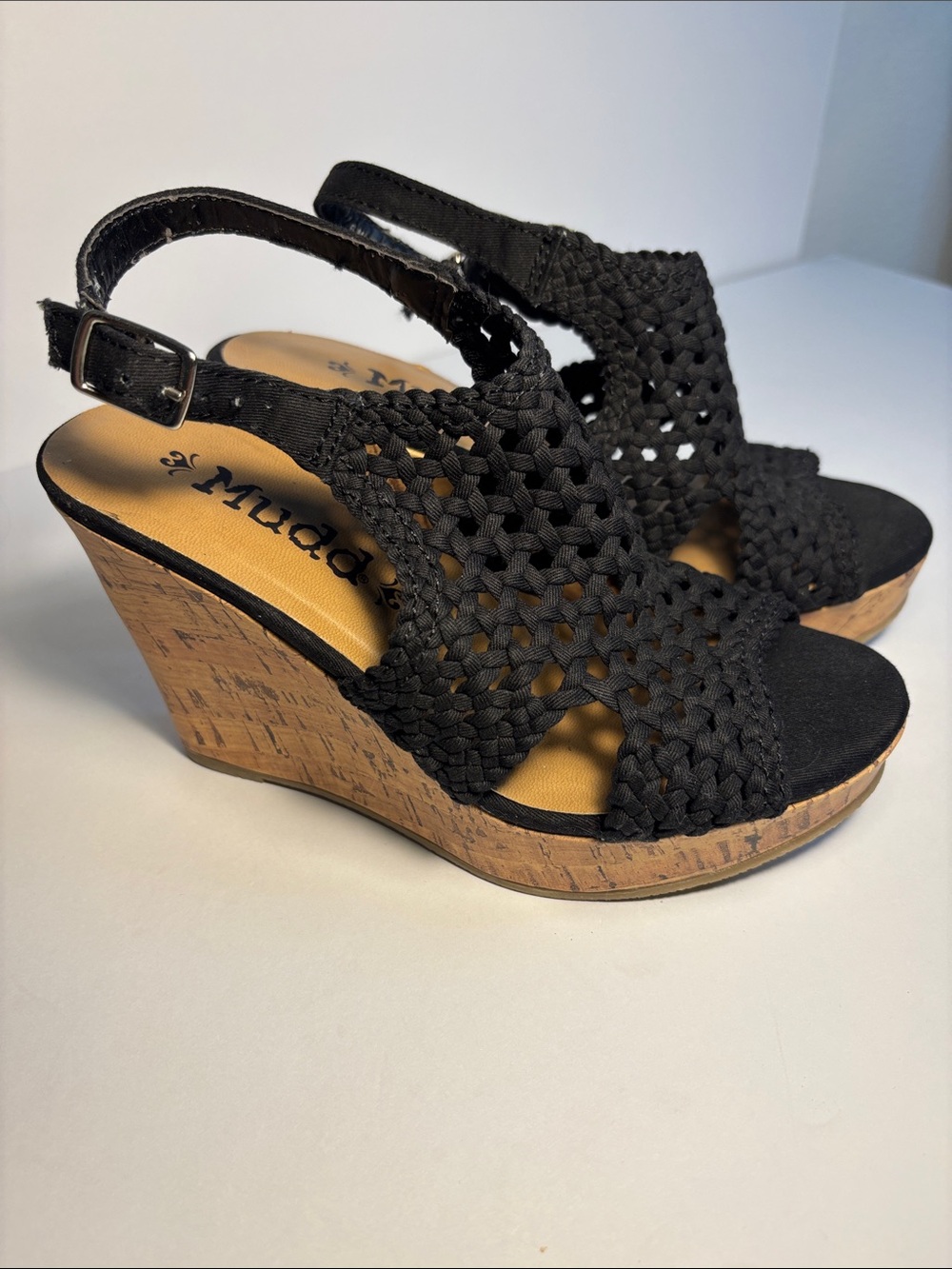 Mudd Black Woven Cork-Effect Wedge Sandals
